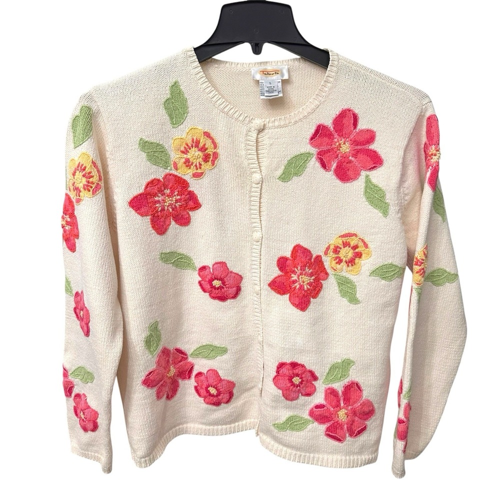 VTG Women Talbots Hand Knit Floral Embroidered 100% Cotton Cottagecore cardigan